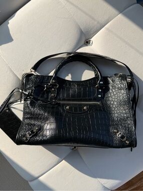 Balenciaga Black Croc-Embossed Lamb Leather City Bag Medium RETAIL $3100
